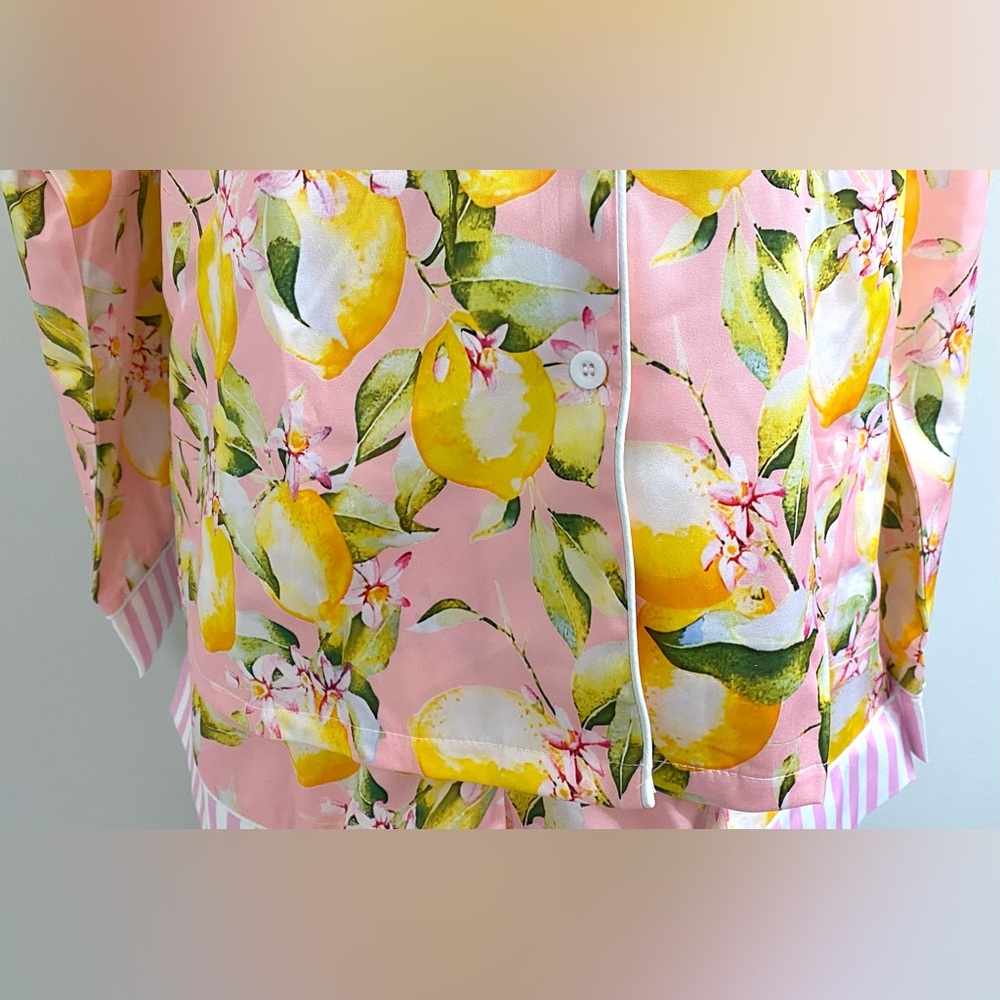 Womens L Pink w/ Yellow Lemon Print Long Sleeve Pajama Shorts Set Preppy Classic - Picture 5 of 16